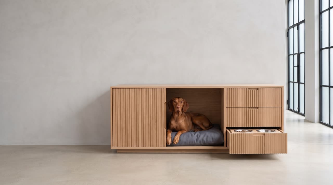 Credenza, a fluted oak sideboard with a dog den, with a vizsla inside. Concept visual