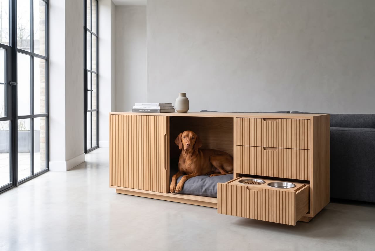 Credenza in a calm living room with a vizsla. Concept visual