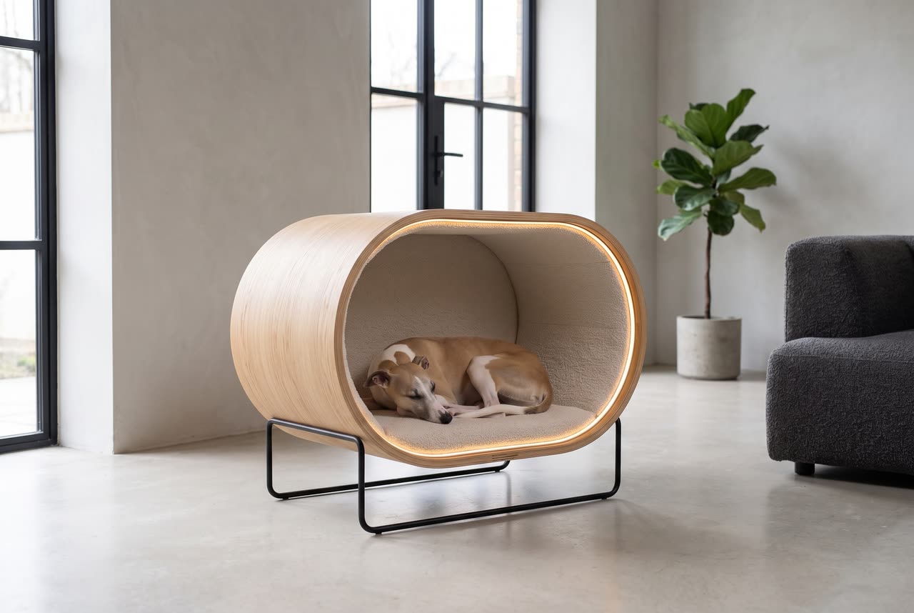 Halo in a calm living room with a whippet. Concept visual