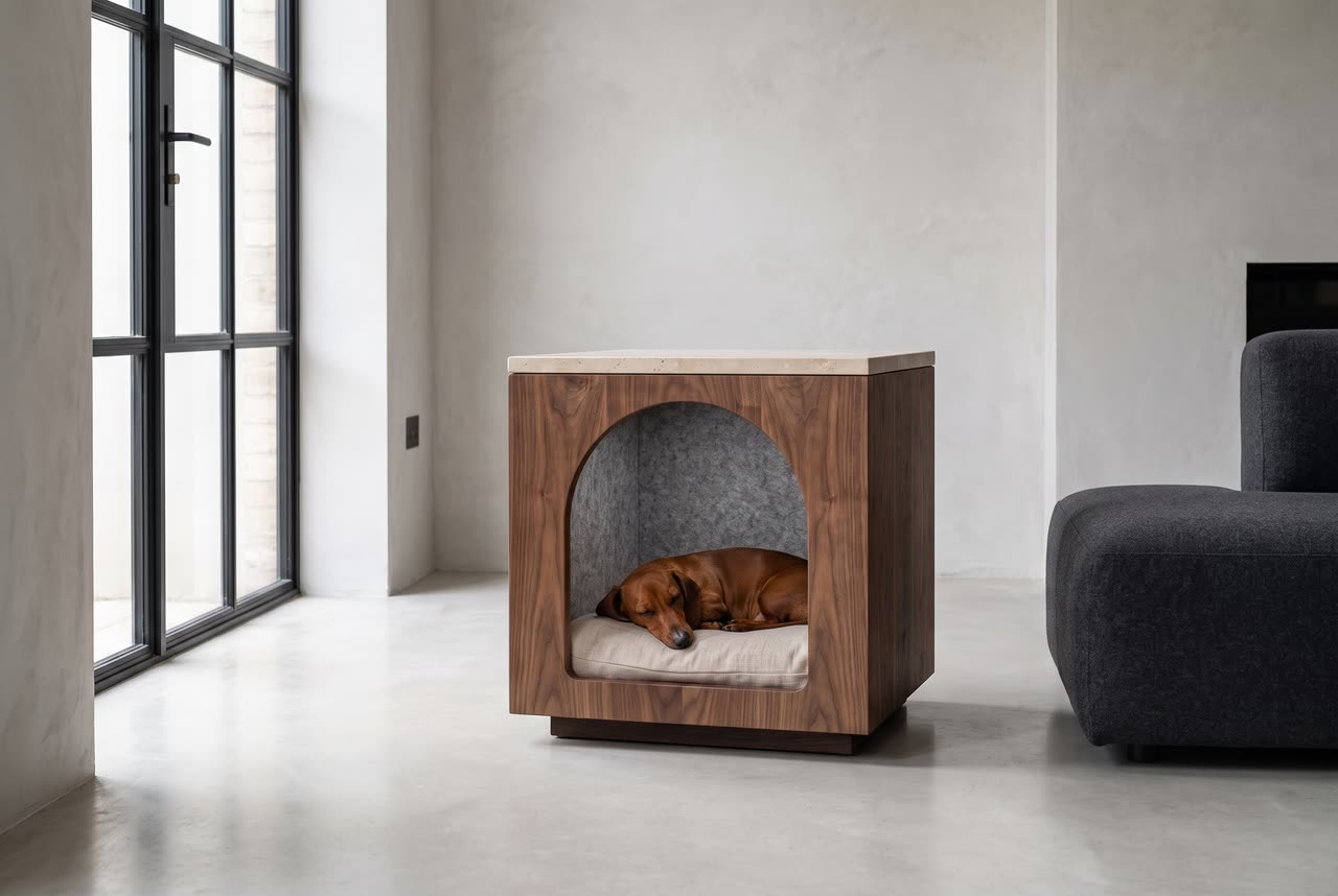 Monolith in a calm living room with a dachshund. Concept visual