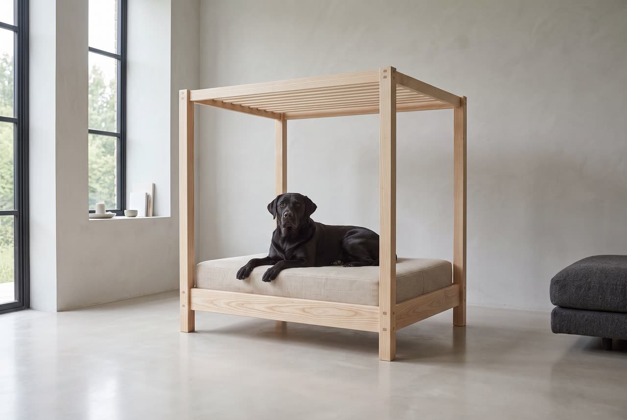 Pavilion in a calm living room with a black labrador. Concept visual