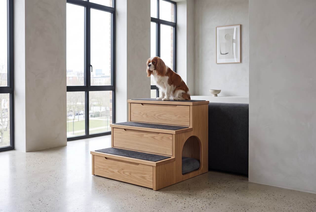 Terrace in a calm living room with a Cavalier King Charles spaniel. Concept visual
