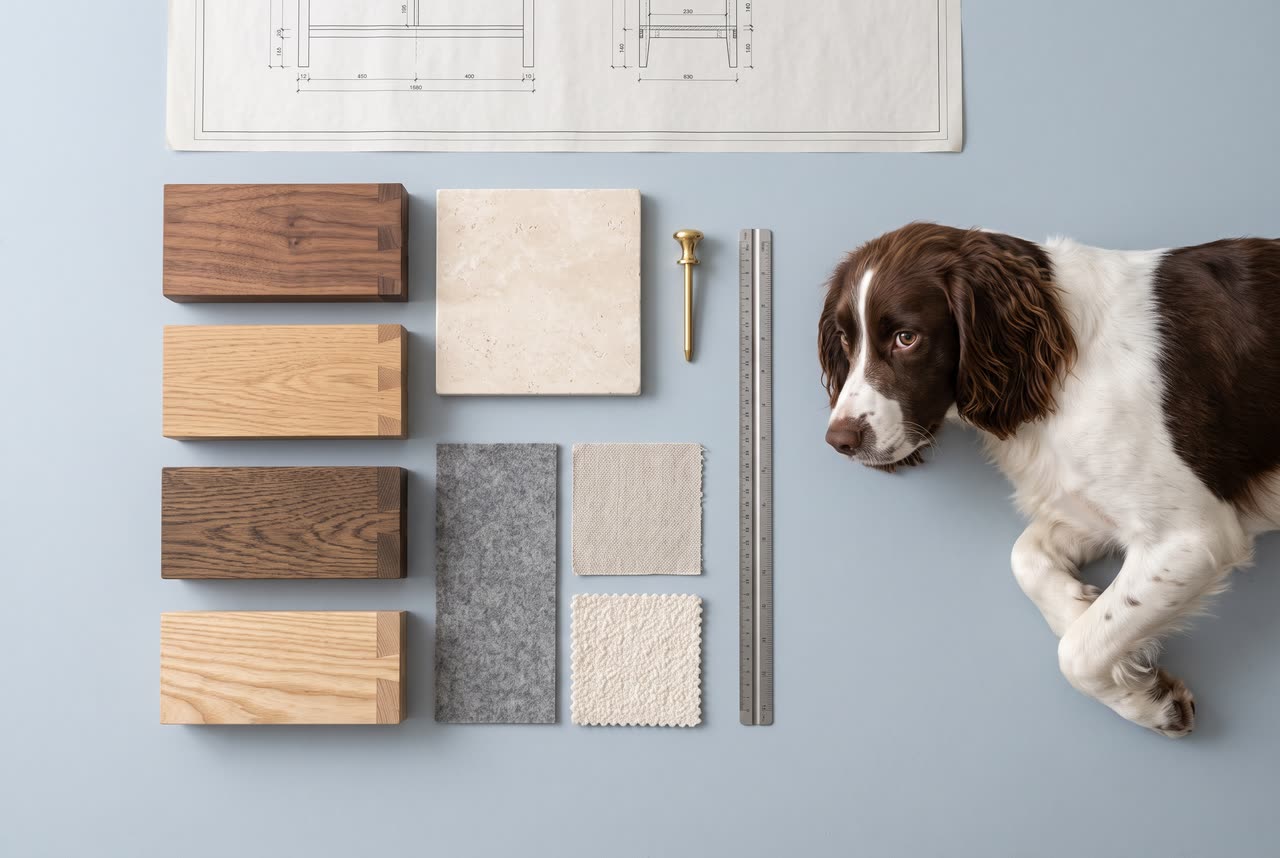 Wood, stone, felt, linen and boucle samples on a drafting table. Concept visual