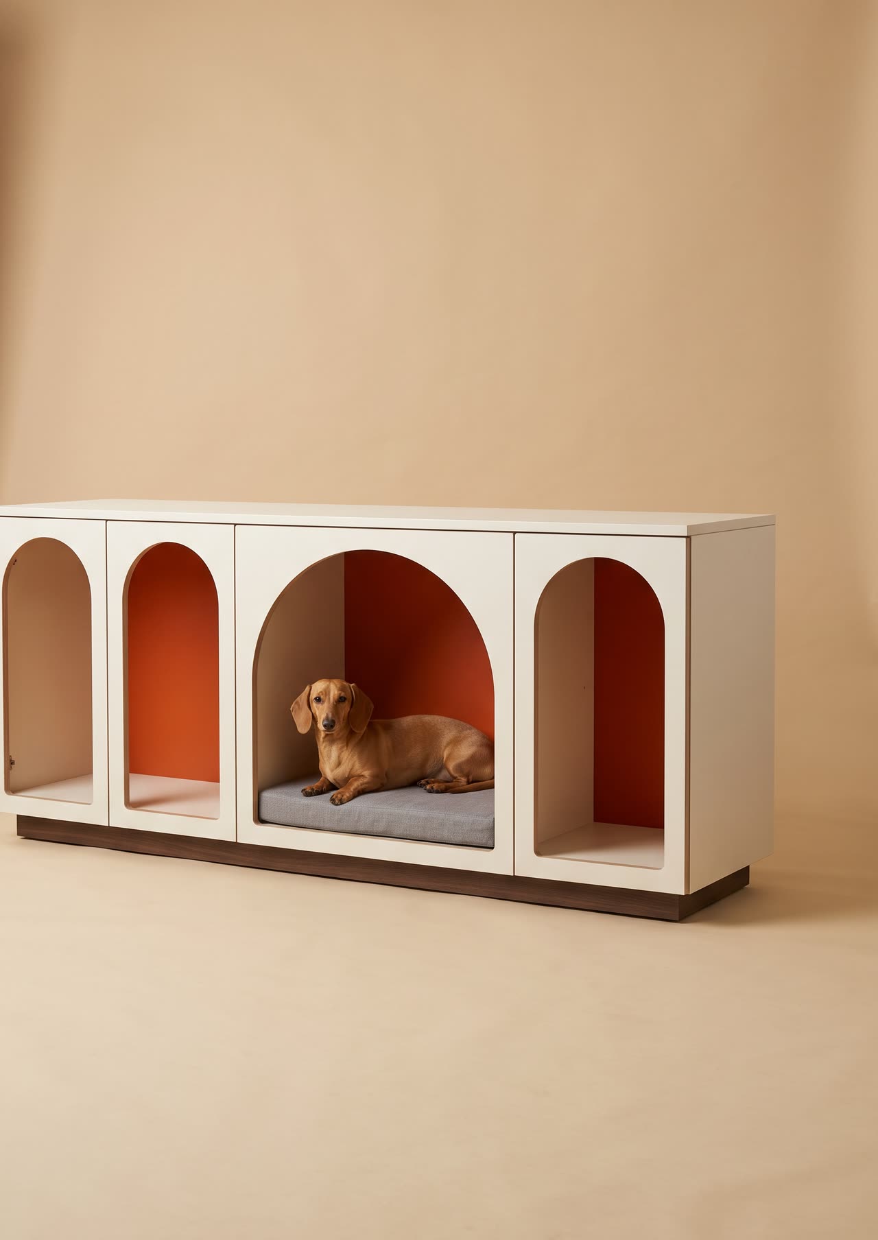 Arcade, a white sideboard with arched openings and an orange den. Concept visual