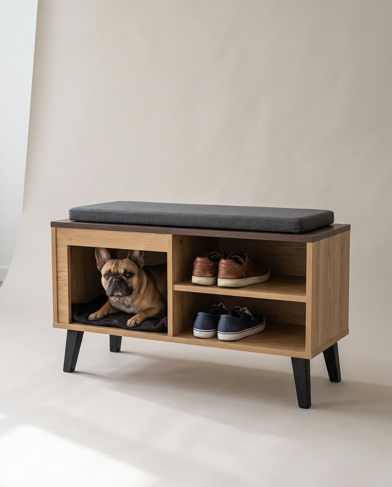 Hall bench, an oak bench with a den and a shoe shelf. Concept visual