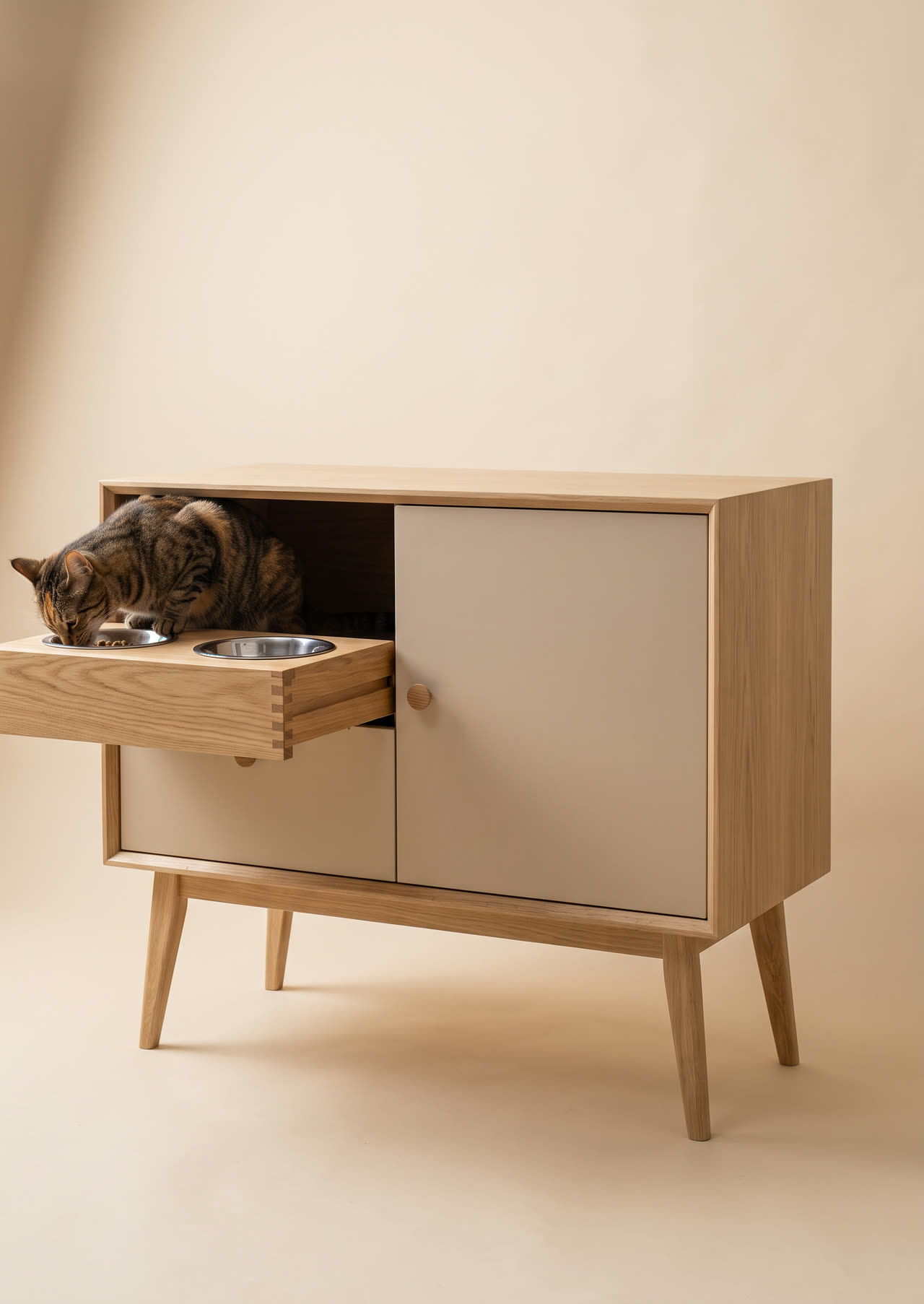 Cat feeding station, an oak cabinet with raised bowls in a pull-out drawer. Concept visual