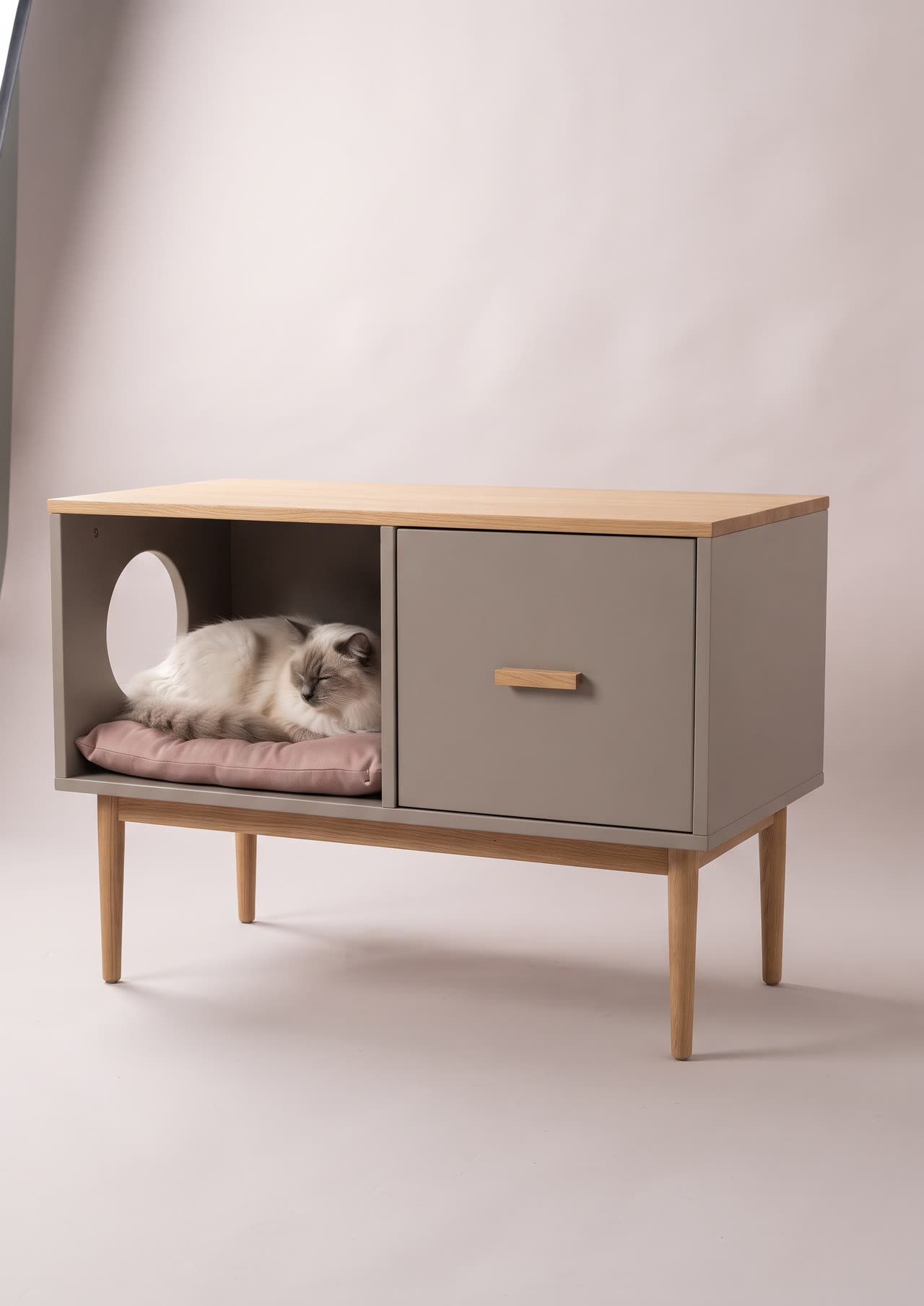 Cat nightstand, a grey bedside table with a round cat cave and a drawer. Concept visual