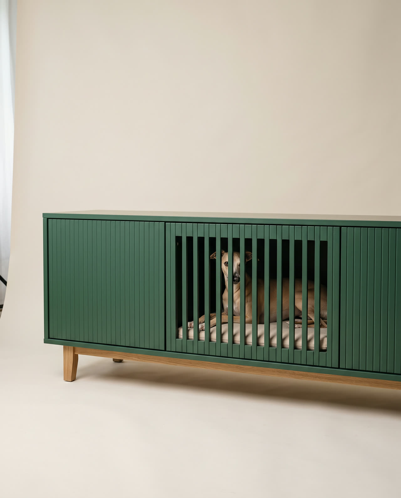 Media console, a green cabinet with a slatted den door. Concept visual