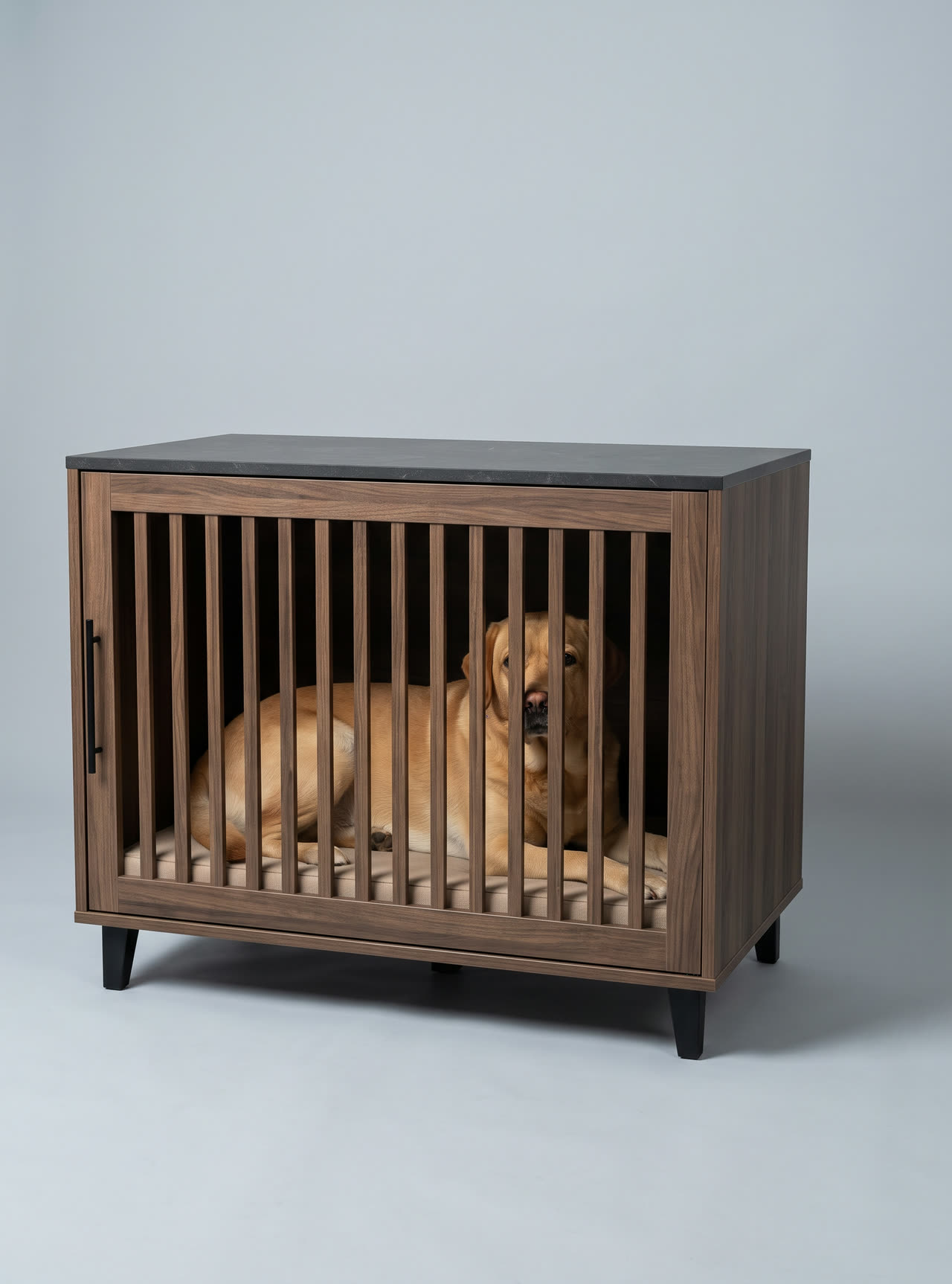 Crate console, a dark cabinet with a slatted door. Concept visual