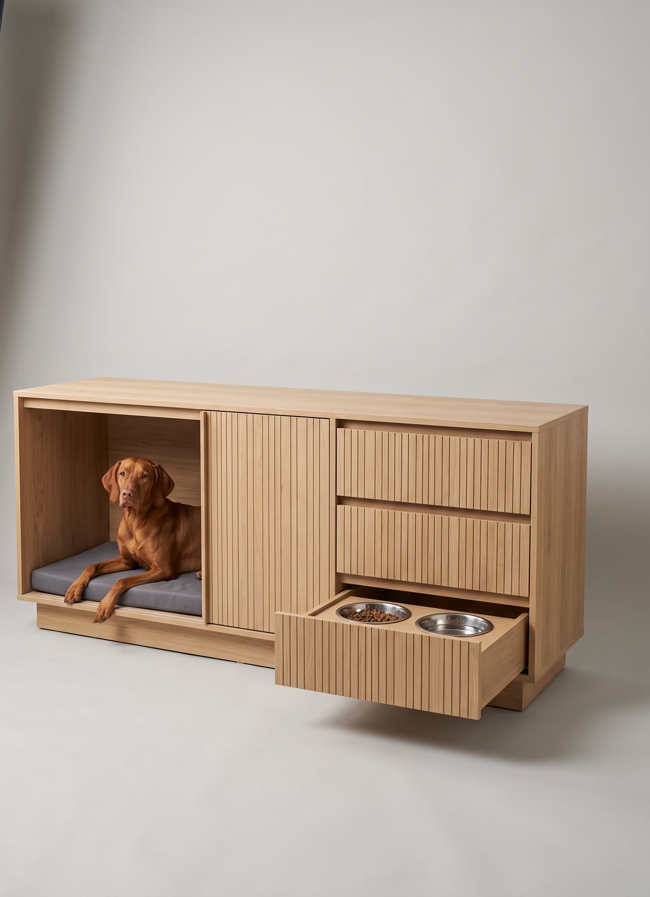 Credenza, an oak sideboard with a den and a feeding drawer. Concept visual