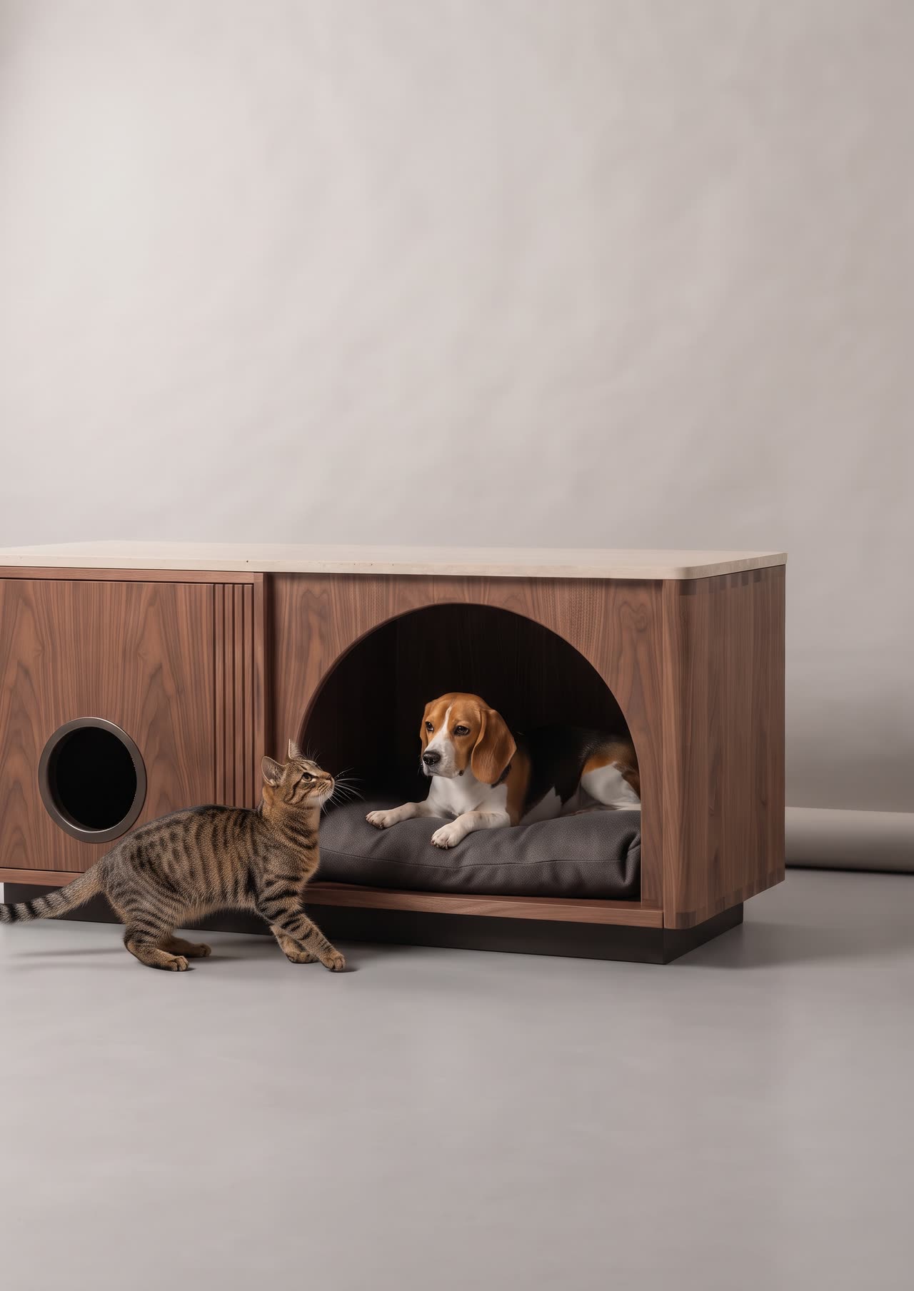 Cat and dog sideboard, a walnut piece with a raised cat door to the litter box and a dog den. Concept visual