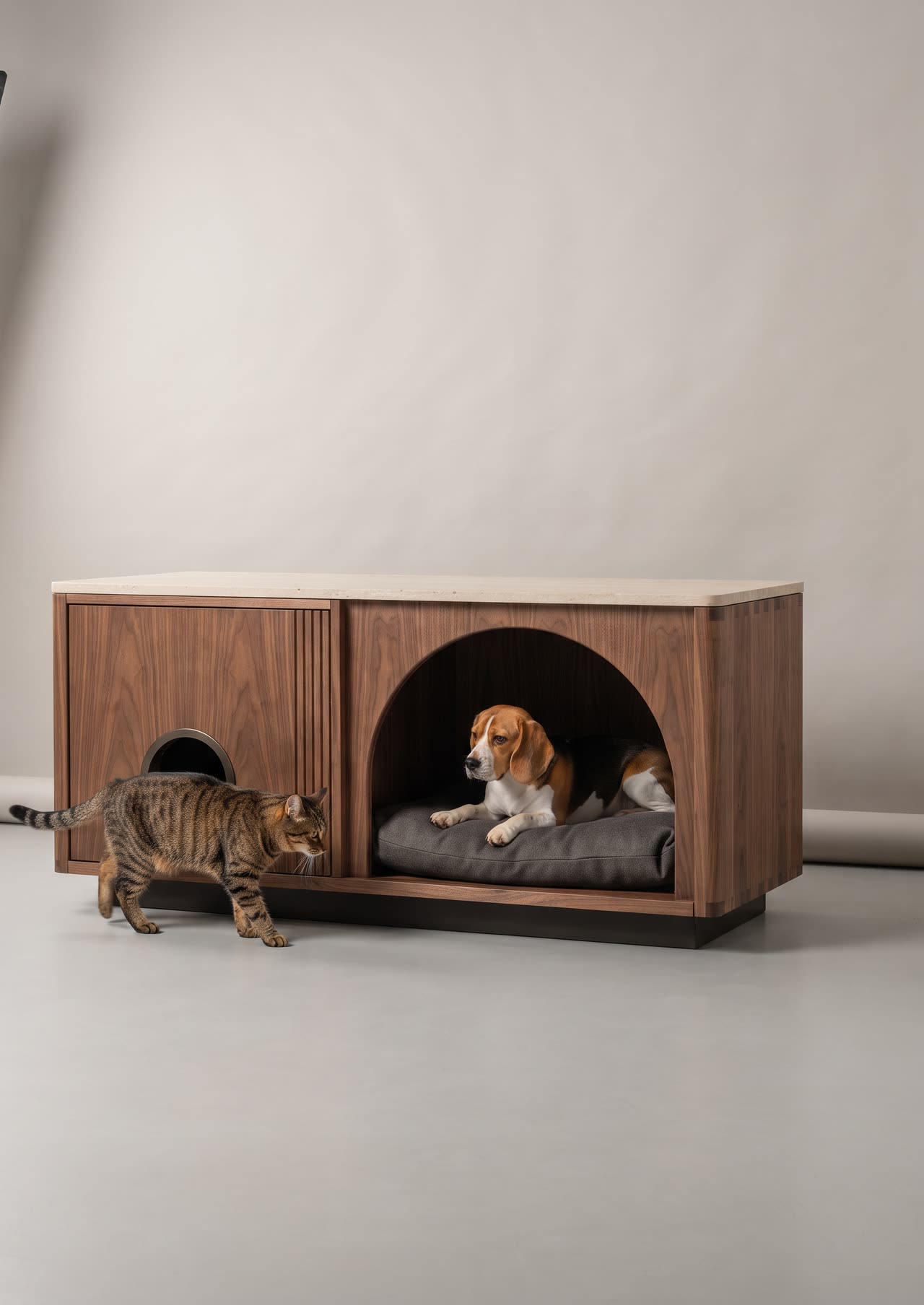 Cat and dog sideboard, a walnut piece with a raised cat door to the litter box and a dog den. Concept visual
