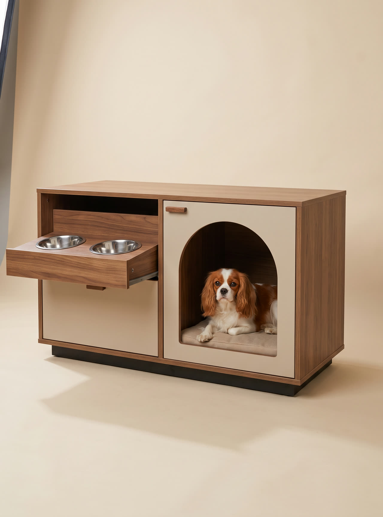 Feeding station, a cabinet with a bowl drawer and a den. Concept visual