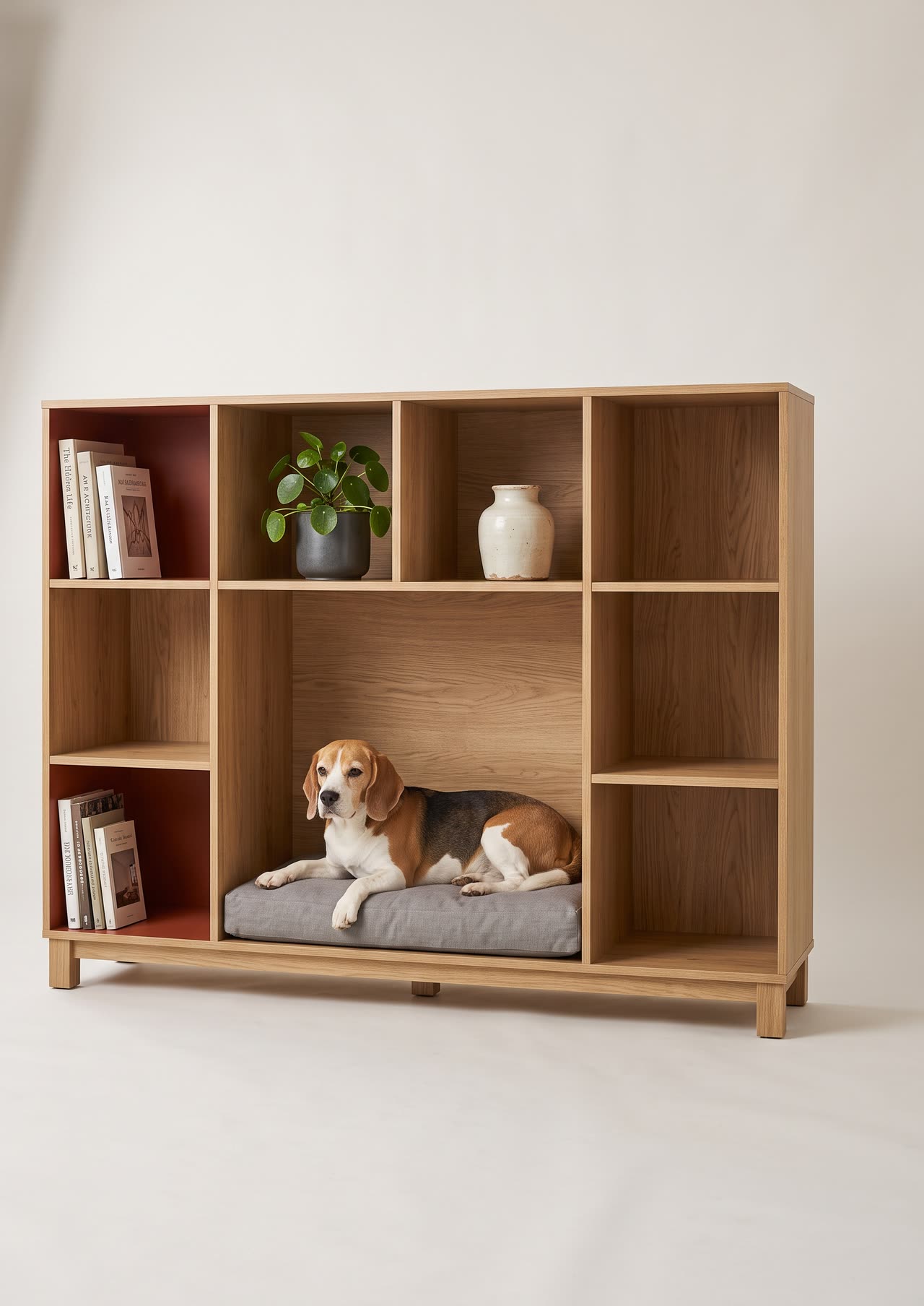 Grid, an oak bookcase grid with a den in the middle. Concept visual