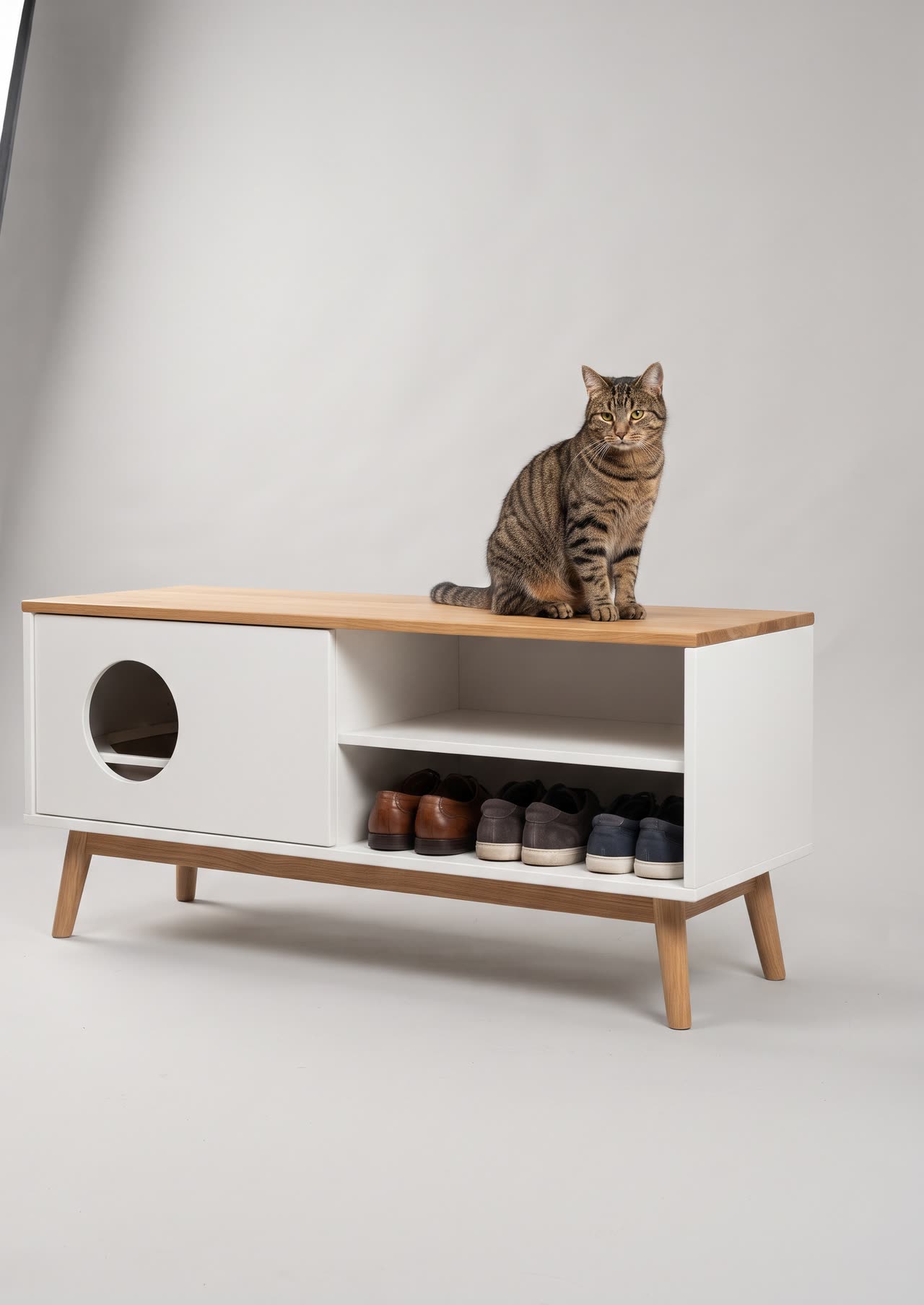 Litter bench, a white hall bench with an oak seat, a hidden litter box and a shoe shelf. Concept visual