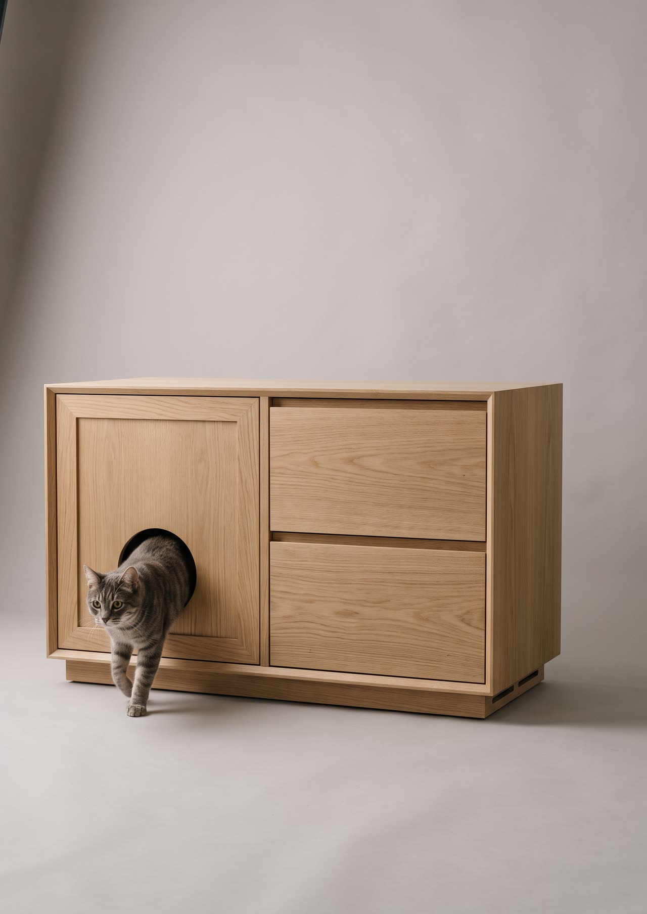 Litter cabinet, an oak cabinet hiding a litter box, with a round cat door and two drawers. Concept visual
