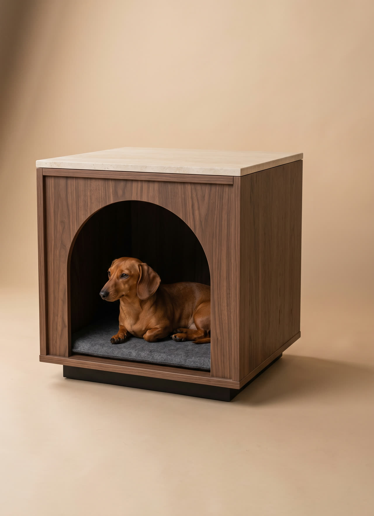 Monolith, a dark walnut side table den with an arched opening. Concept visual