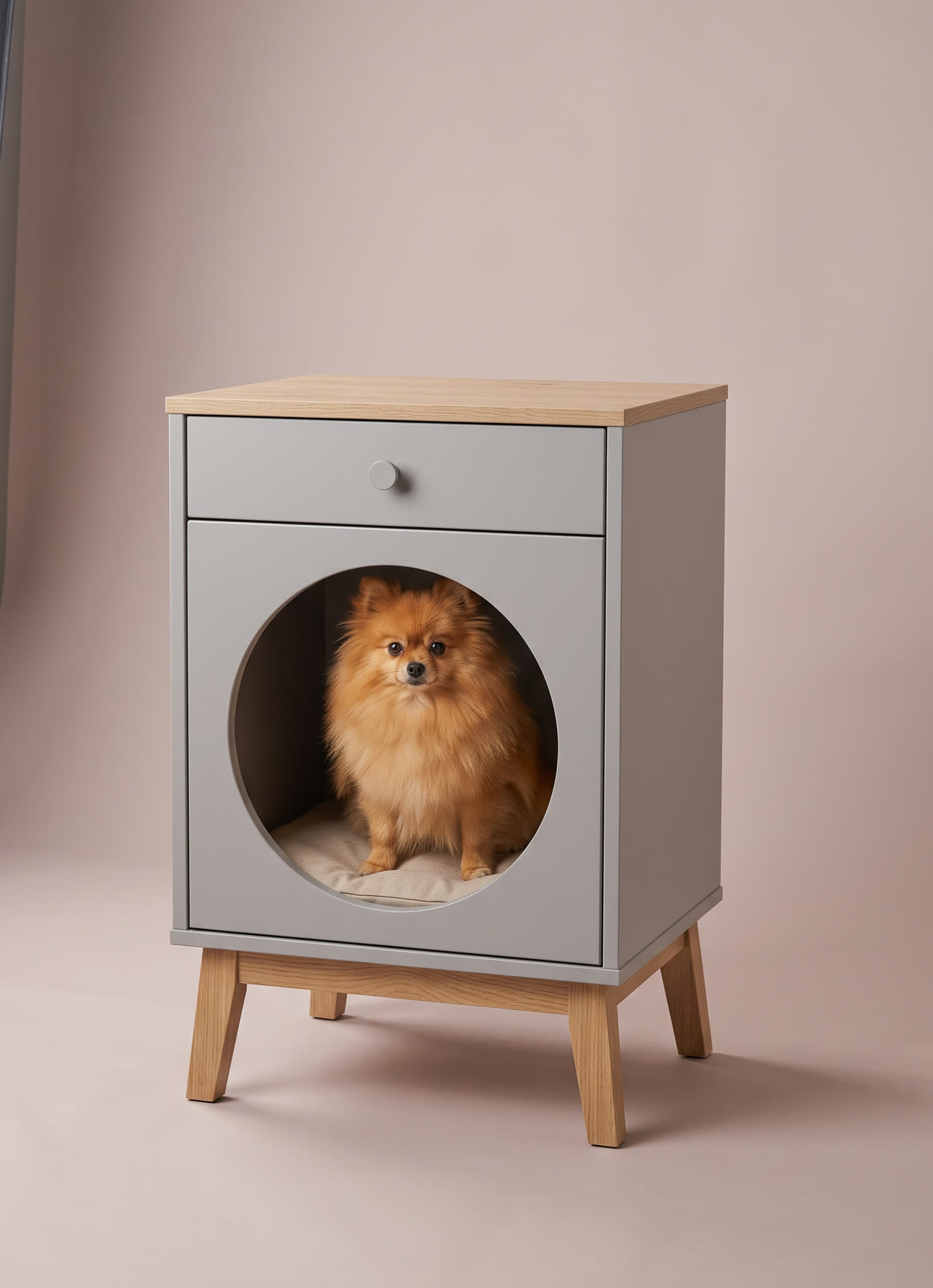 Nightstand, a grey bedside table with a round den opening. Concept visual