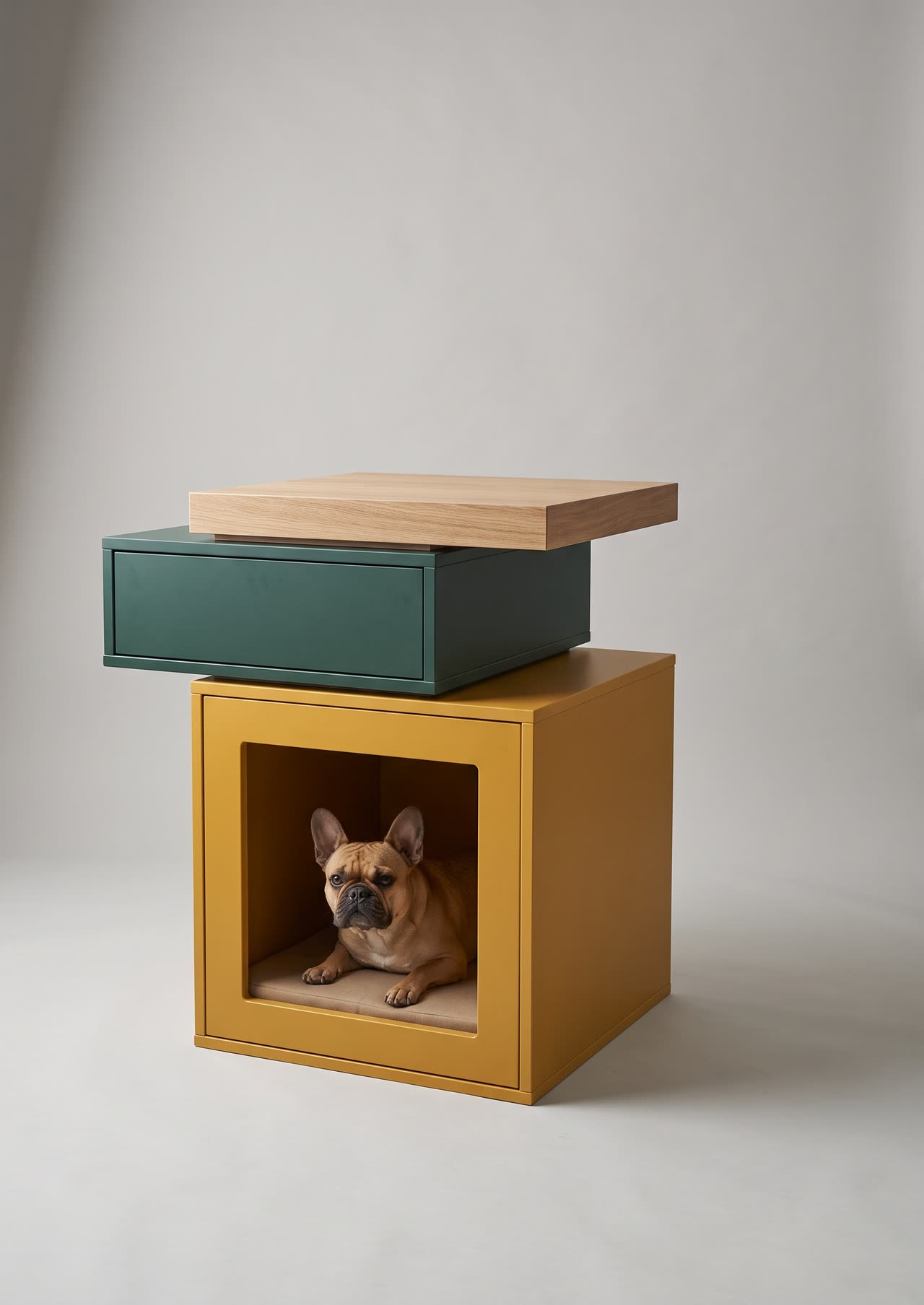 Offset, three offset boxes in curry, green and oak. Concept visual