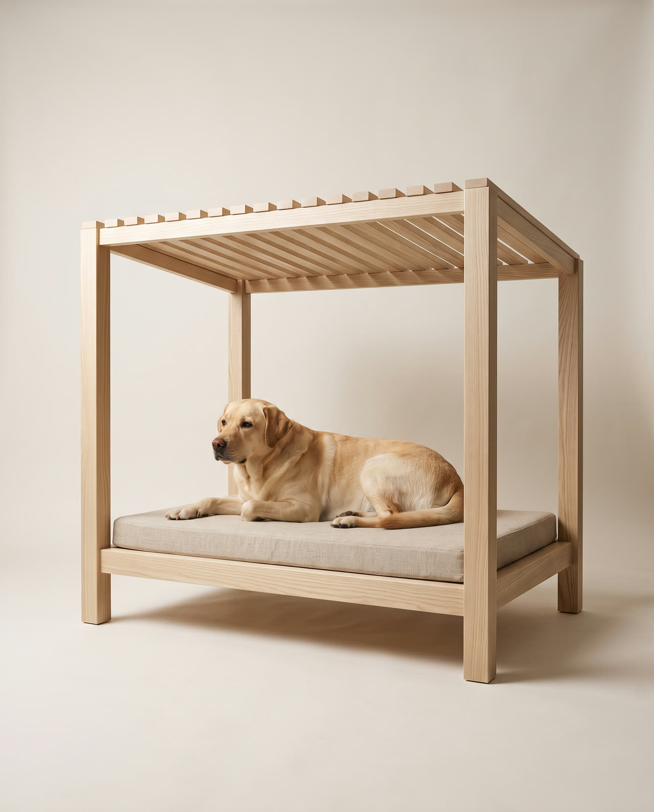 Pavilion, an open frame dog bed with a slatted roof. Concept visual