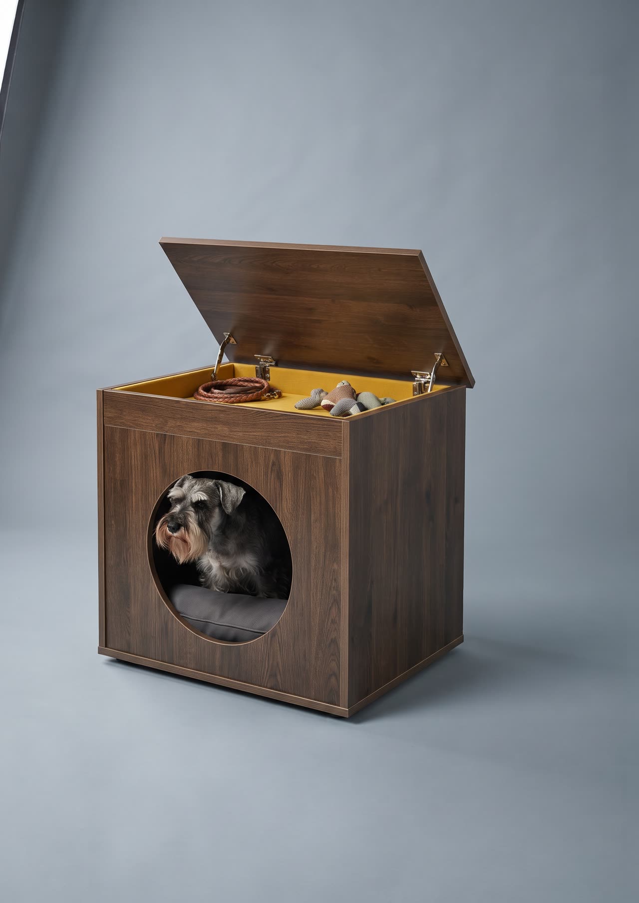 Reveal, a dark oak den with a lift-up lid and a porthole. Concept visual
