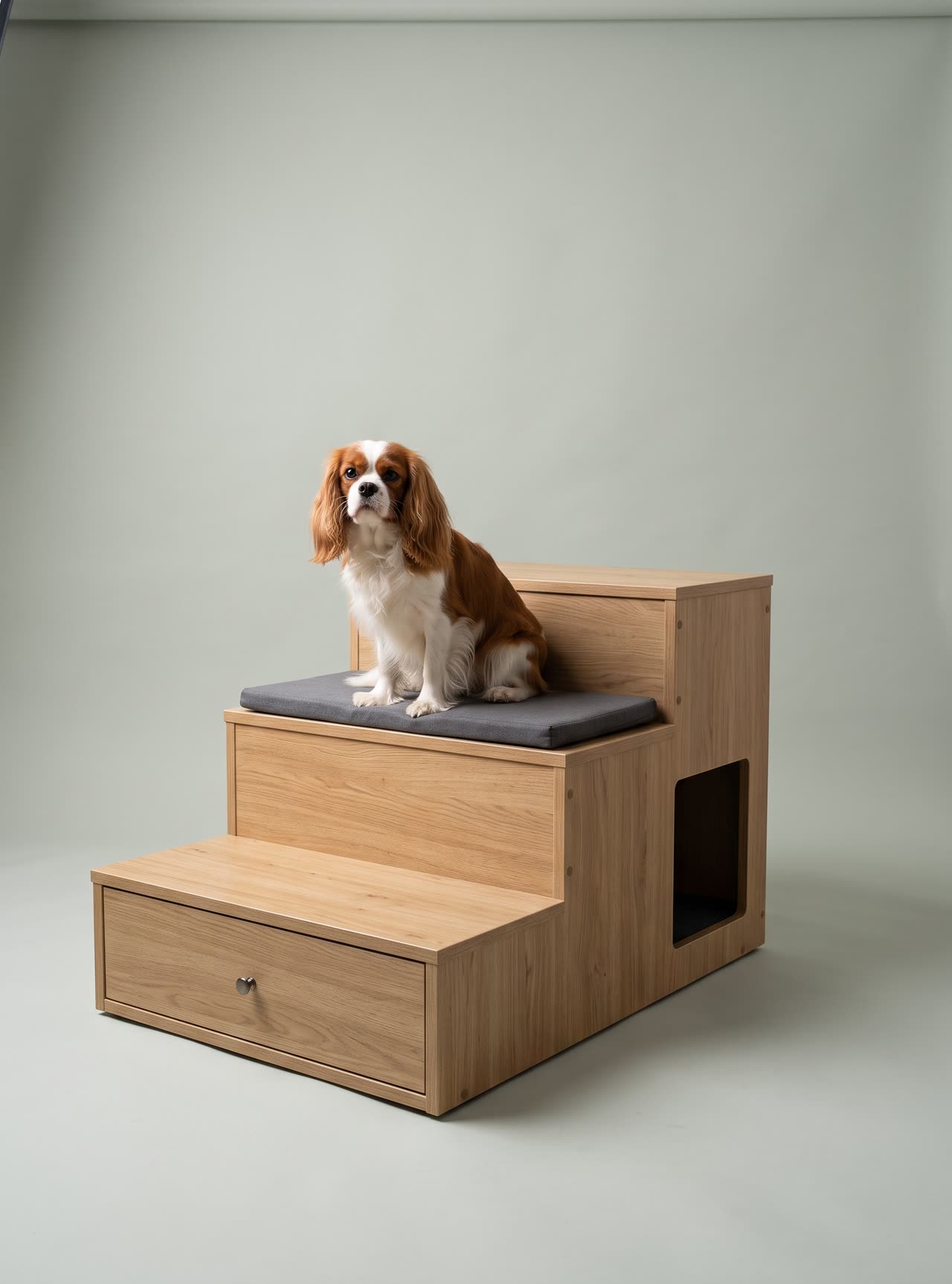 Terrace, oak dog steps with a den below. Concept visual