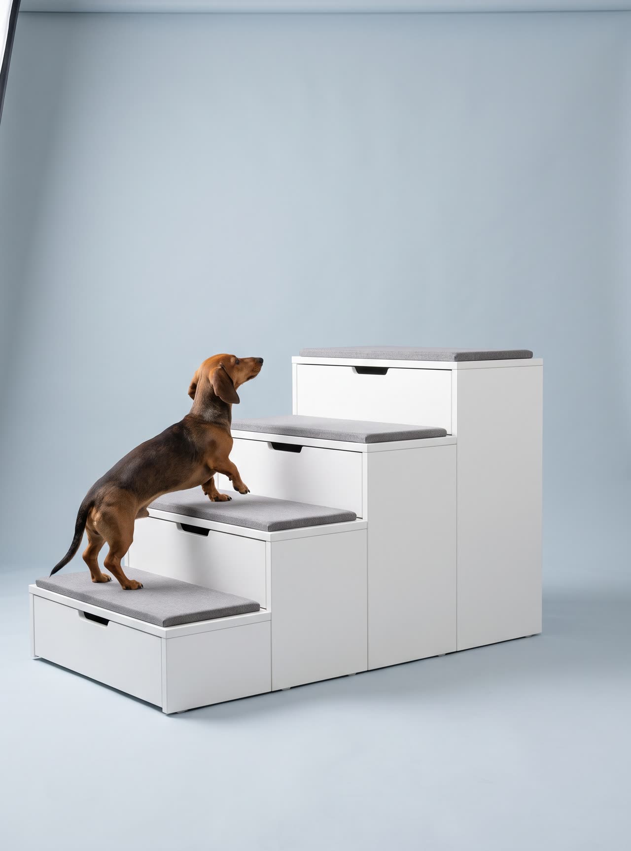 Terrace for the bed, four white dog steps with drawers. Concept visual