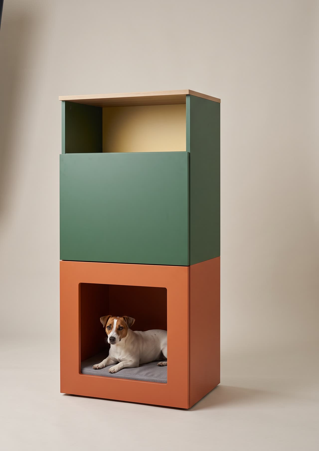 Totem, a tall cabinet in colour bands with a den at the bottom. Concept visual
