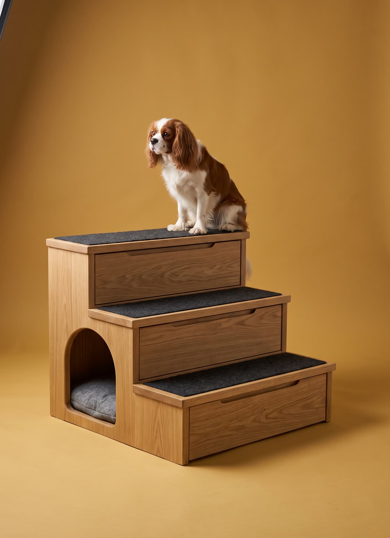 Terrace in the studio with a Cavalier King Charles spaniel. Concept visual