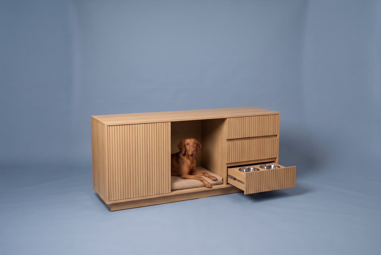Credenza, an oak sideboard with a den and a feeding drawer. Concept visual