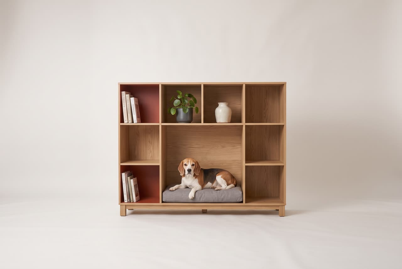 Grid, an oak bookcase with a den. Concept visual