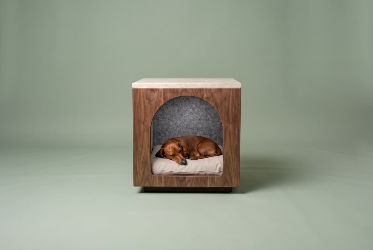 Monolith, a walnut side table den with an arched opening. Concept visual