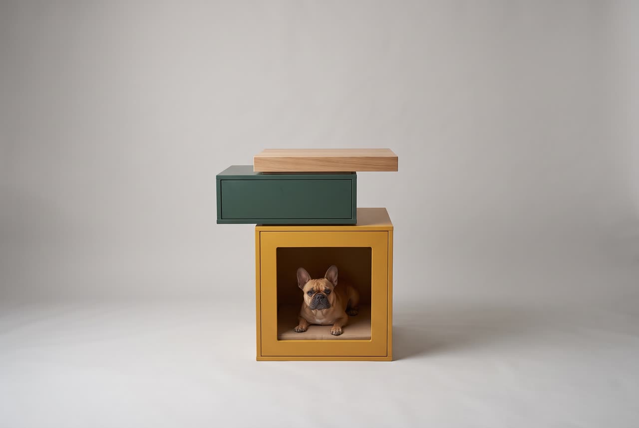 Offset, three stacked boxes in yellow, green and oak. Concept visual