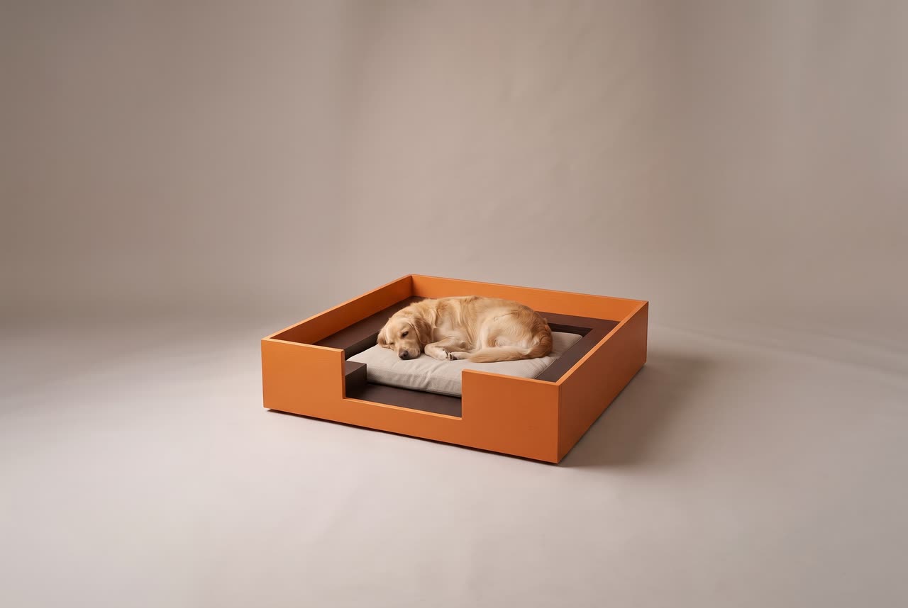 Pit, an orange square dog lounge. Concept visual
