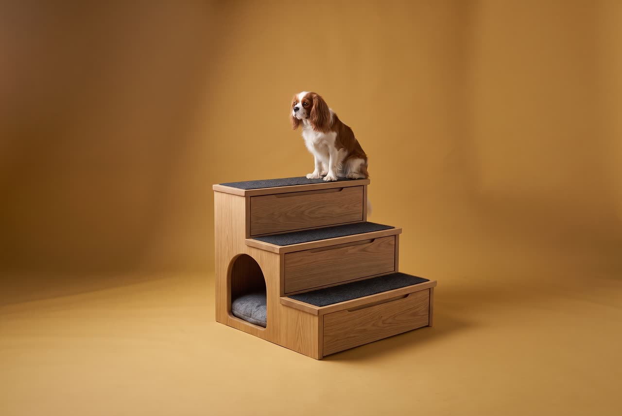 Terrace, oak dog steps with a den. Concept visual