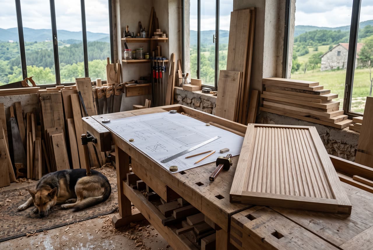 A workbench with furniture drawings and a fluted oak door in the workshop. Concept visual