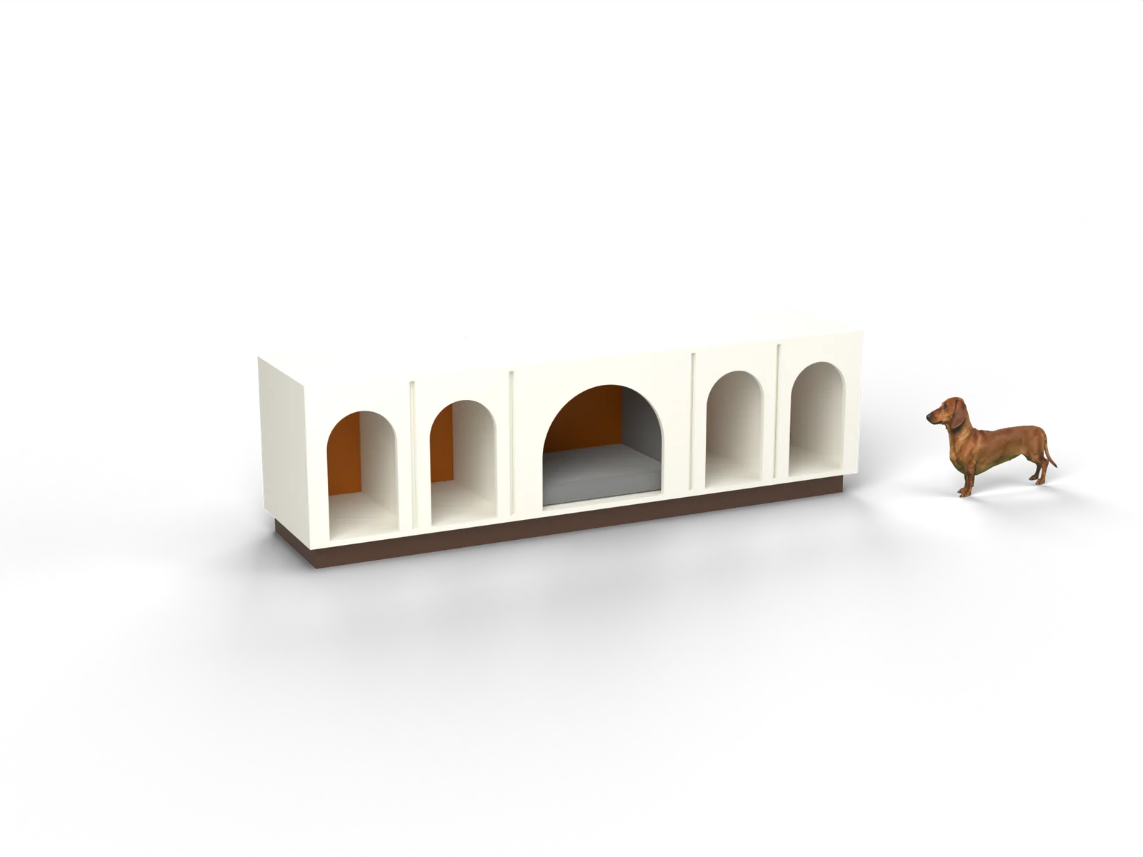 Arcade, gerenderd uit onze tekening, met een teckel