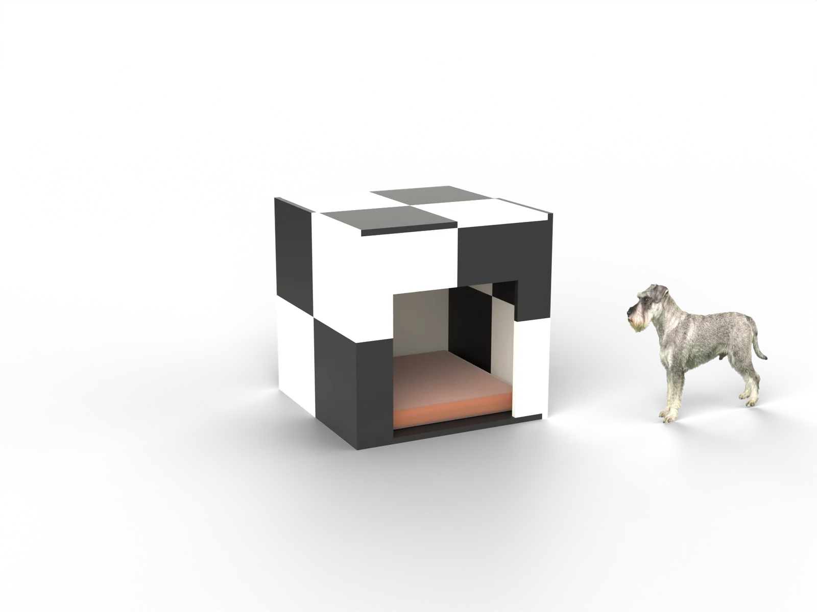Checker, gerenderd uit onze tekening, met een dwergschnauzer