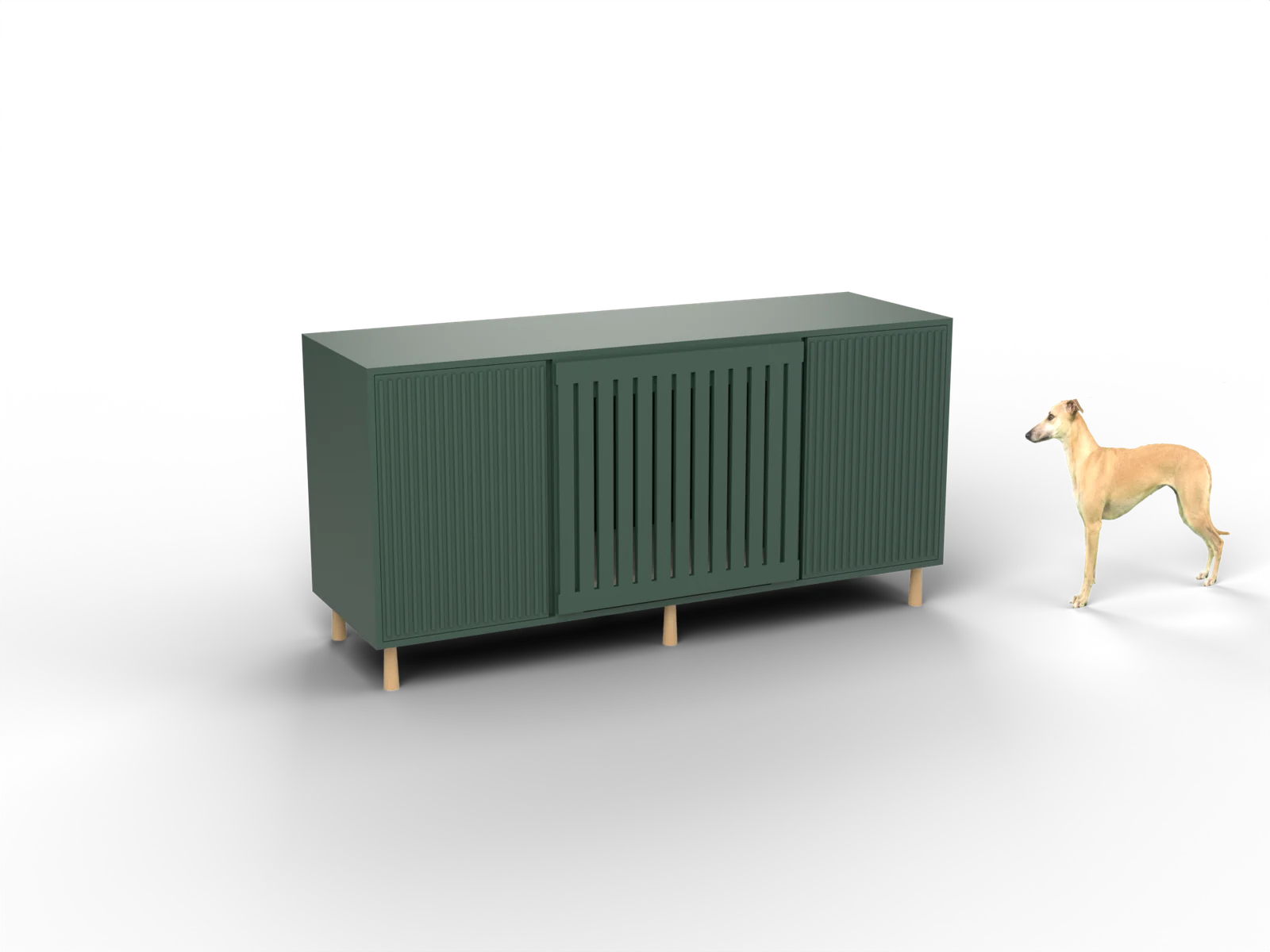 Tv-meubel, gerenderd uit onze tekening, met een whippet