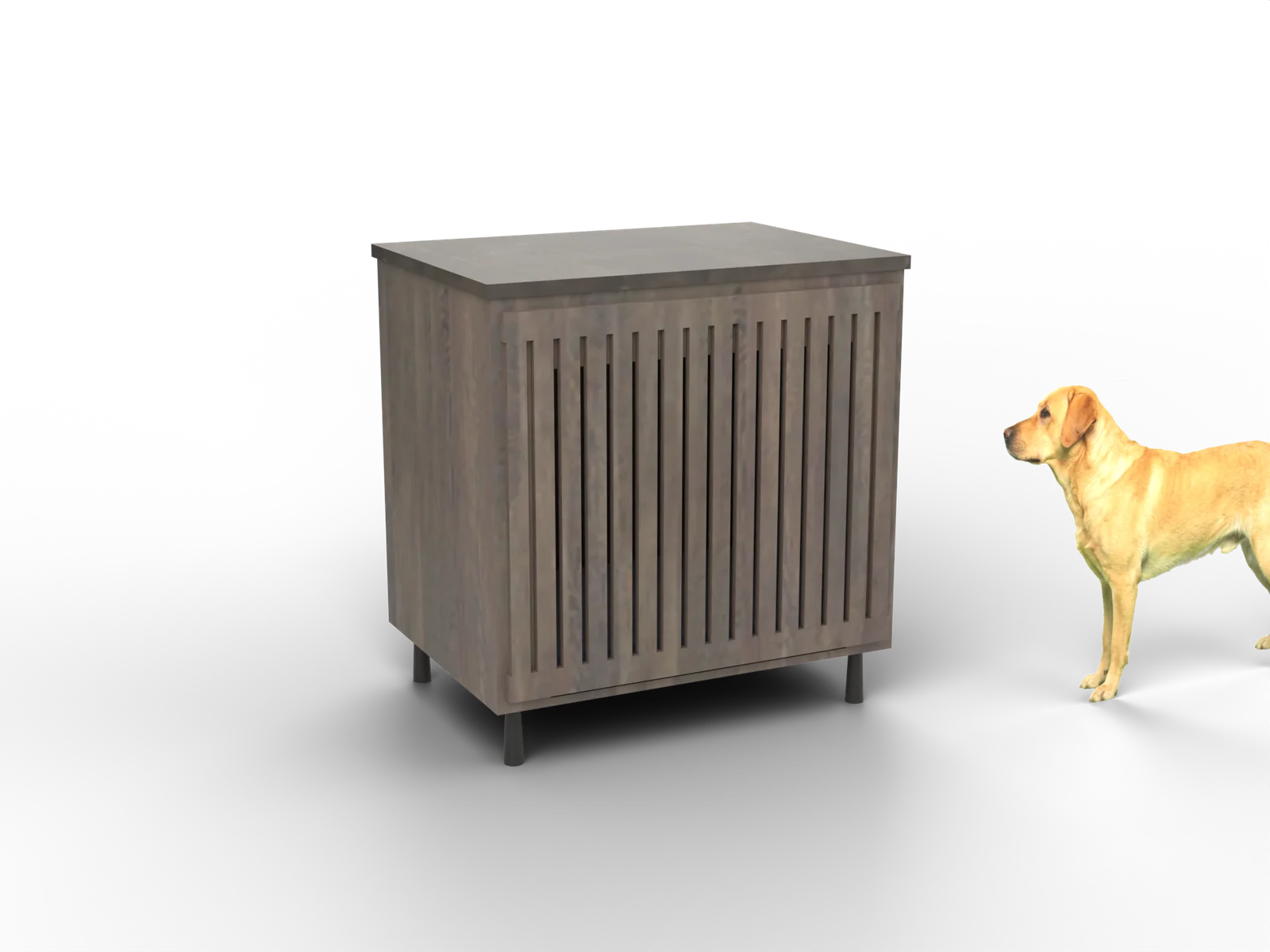 Bench console, gerenderd uit onze tekening, met een labrador retriever