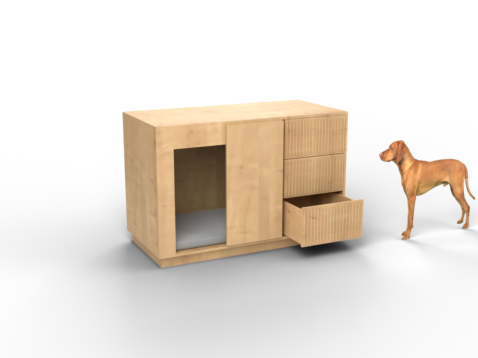 Een dressoir met een hondenplek, gerenderd uit onze tekening