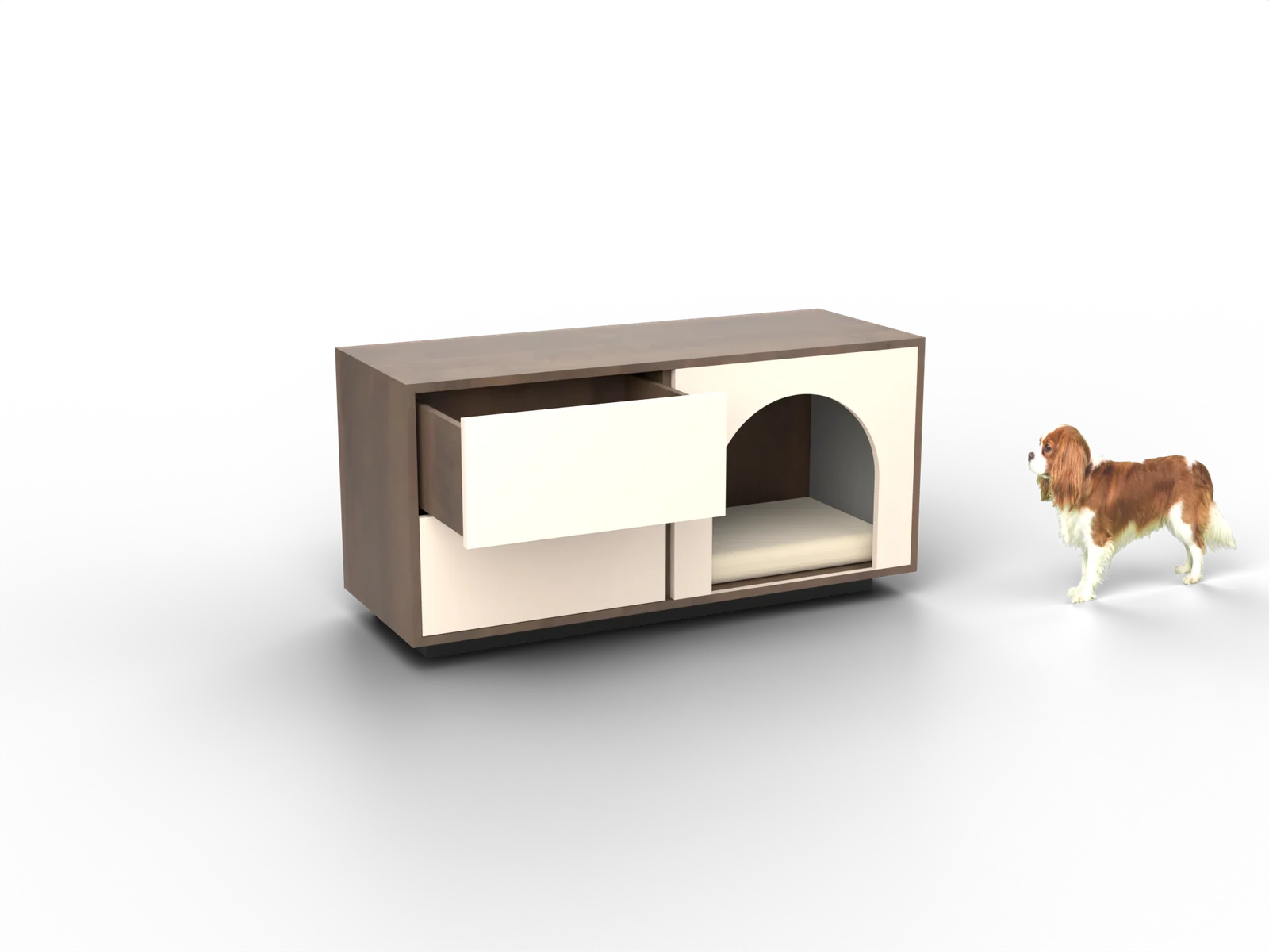 Voerstation, gerenderd uit onze tekening, met de hond waarvoor hij getekend is