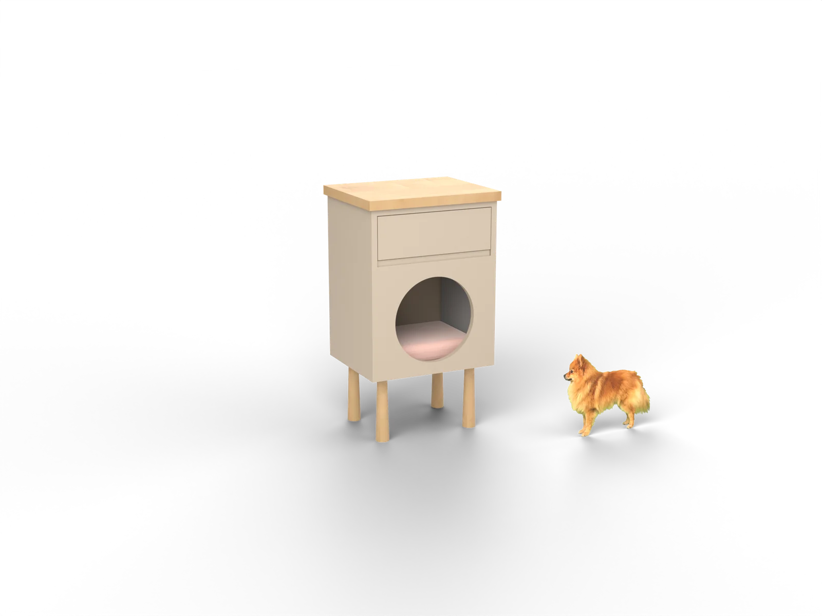 Nachtkastje, gerenderd uit onze tekening, met de hond waarvoor hij getekend is