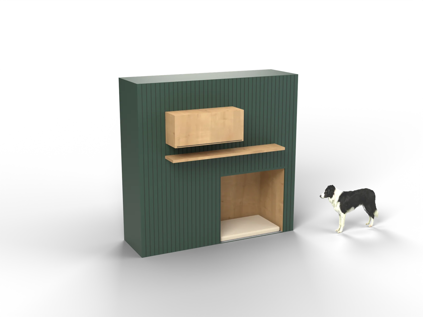Panel, gerenderd uit onze tekening, met een border collie