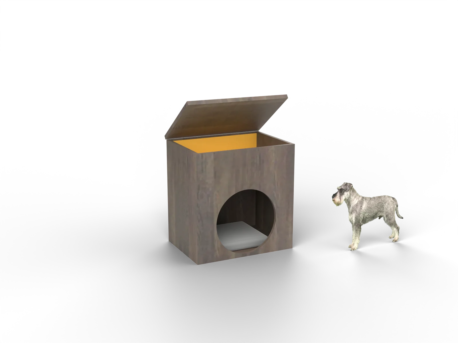 Reveal, gerenderd uit onze tekening, met een dwergschnauzer