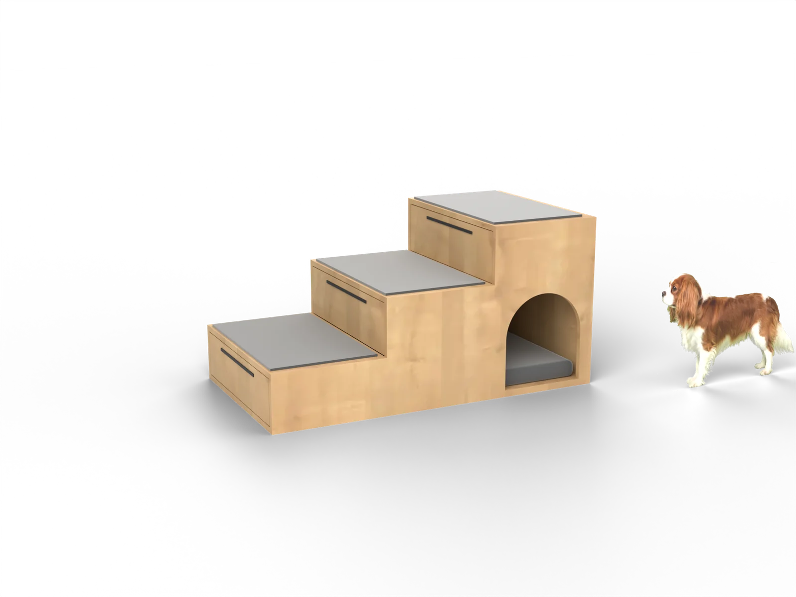 Terrace, gerenderd uit onze tekening, met de hond waarvoor hij getekend is