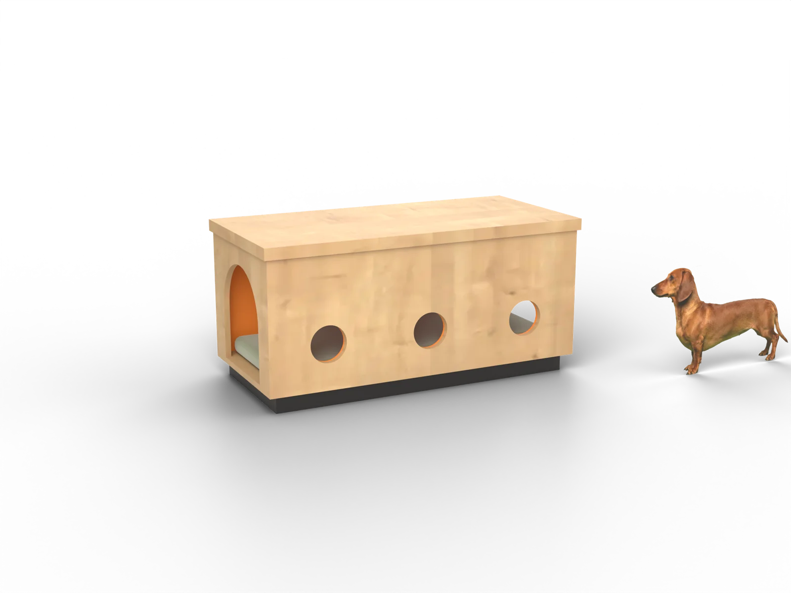 Tunnel, aus unserer Zeichnung gerendert, mit einem Hund (Dackel)